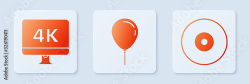 Set Balloon with ribbon , Computer PC monitor with 4k video technology and CD or DVD disk . White square button. Vector