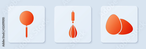 Set Kitchen whisk , Frying pan and Chicken egg . White square button. Vector