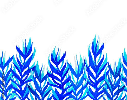 Watercolor seamless border with classic blue leaves. Hand painted elements isolated on white background. For design, textile, wallpaper, print