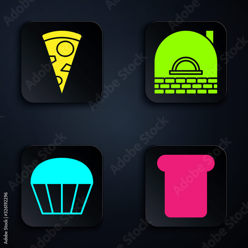 Set Bread toast, Slice of pizza , Muffin and Brick stove . Black square button. Vector
