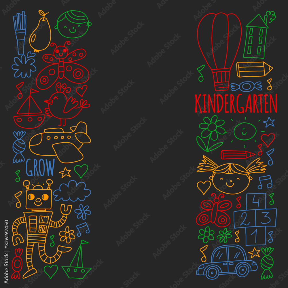 Vector pattern for kindergarten banners, posters with moon, planet, spaceship, rocket, sun, fruits, house, flowers. Creativity and imagination. Vector pattern for kindergarten banners, posters with moon, planet, spaceship, rocket, sun, fruits, house, flowers. Creativity and imagination.