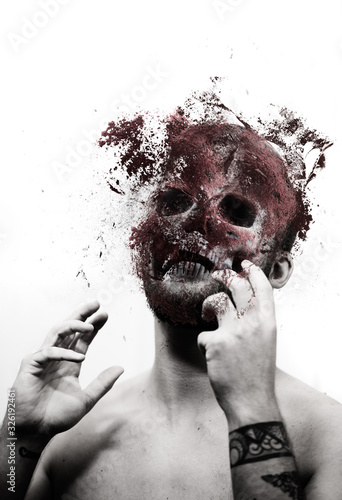Portrait of man with skull exposed, surreal image