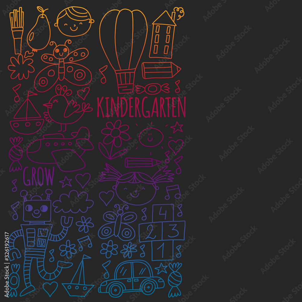 Vector pattern for kindergarten banners, posters with moon, planet, spaceship, rocket, sun, fruits, house, flowers. Creativity and imagination. Vector pattern for kindergarten banners, posters with moon, planet, spaceship, rocket, sun, fruits, house, flowers. Creativity and imagination.