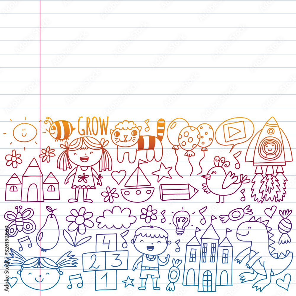 Vector pattern for kindergarten banners, posters with moon, planet, spaceship, rocket, sun, fruits, house, flowers. Creativity and imagination. Vector pattern for kindergarten banners, posters with moon, planet, spaceship, rocket, sun, fruits, house, flowers. Creativity and imagination.