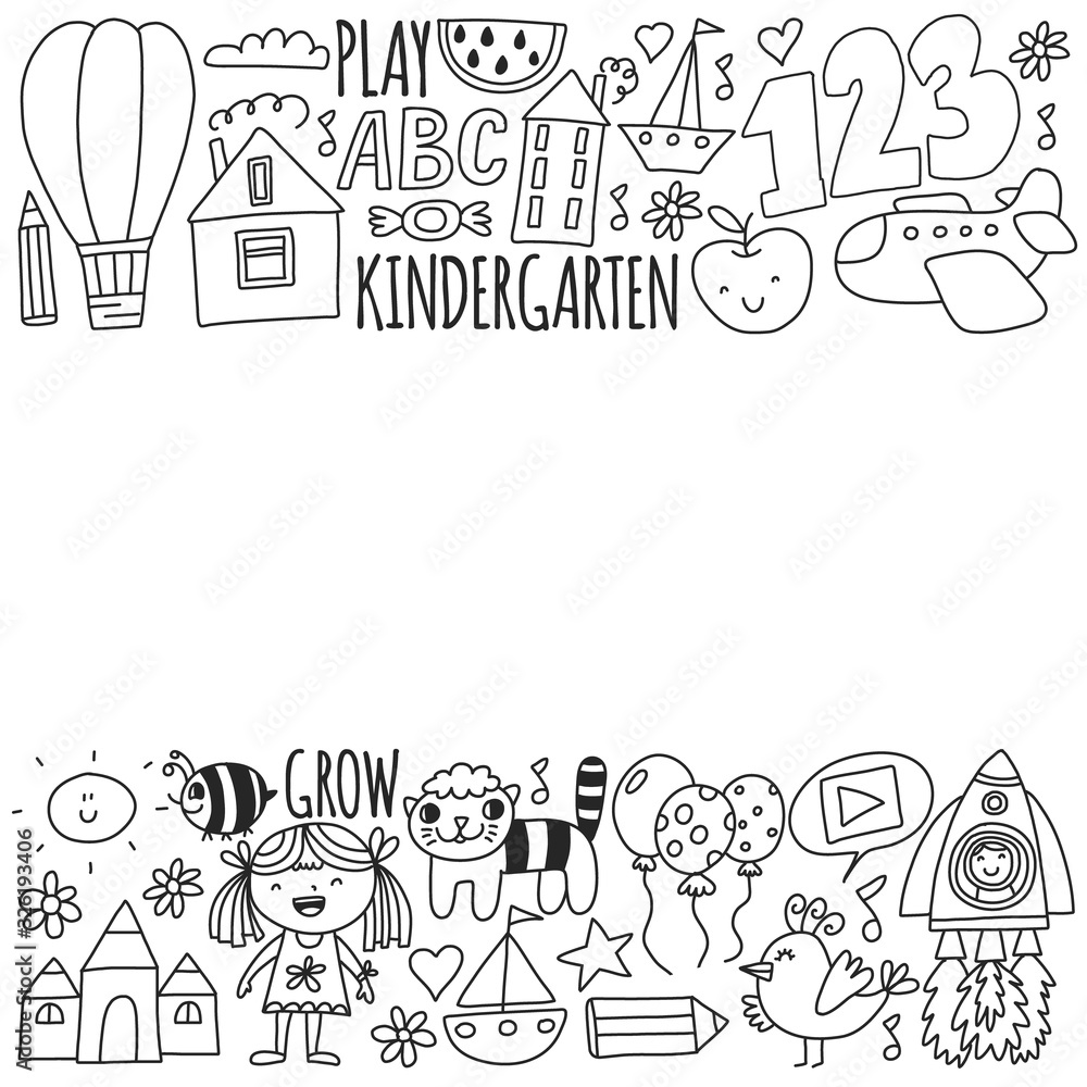 Vector pattern for kindergarten banners, posters with moon, planet, spaceship, rocket, sun, fruits, house, flowers. Creativity and imagination. Vector pattern for kindergarten banners, posters with moon, planet, spaceship, rocket, sun, fruits, house, flowers. Creativity and imagination.