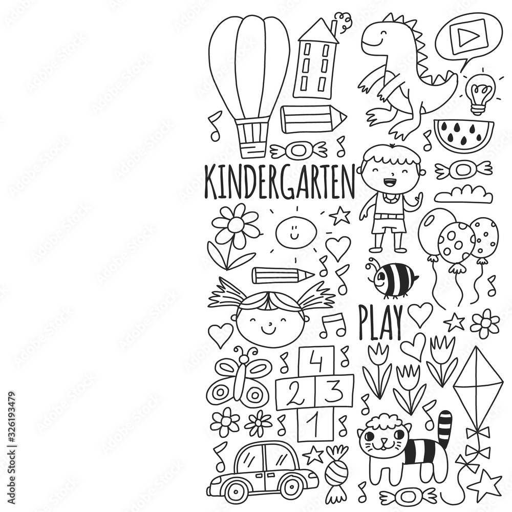 Vector pattern for kindergarten banners, posters with moon, planet, spaceship, rocket, sun, fruits, house, flowers. Creativity and imagination.
