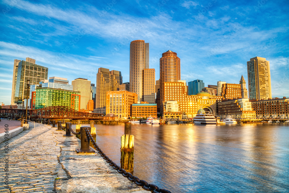 Fototapeta premium Boston Skyline with Financial District and Boston Harbor at Sunrise Panorama