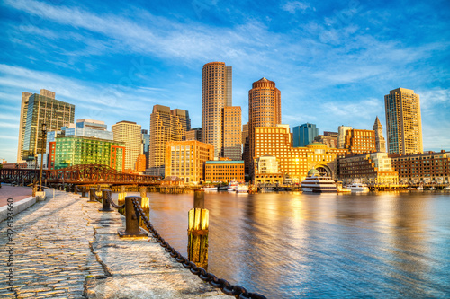 Boston Skyline with Financial District and Boston Harbor at Sunrise Panorama