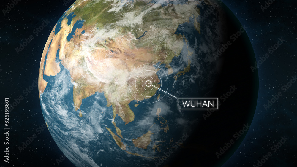 3D Illustration depicting the location of Wuhan, the capital of province Hubei, China, on a globe seen from space. Wuhan is known for the 2019 and 2020 coronavirus outbreak. - obrazy, fototapety, plakaty 