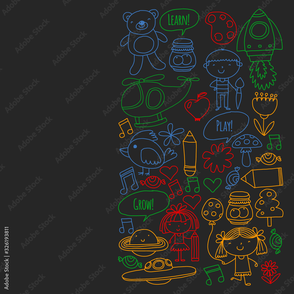 Vector pattern with little children. Kindergarten, play and grow together. Icons of toys and kids in doodle style Vector pattern with little children. Kindergarten, play and grow together. Icons of toys and kids in doodle style