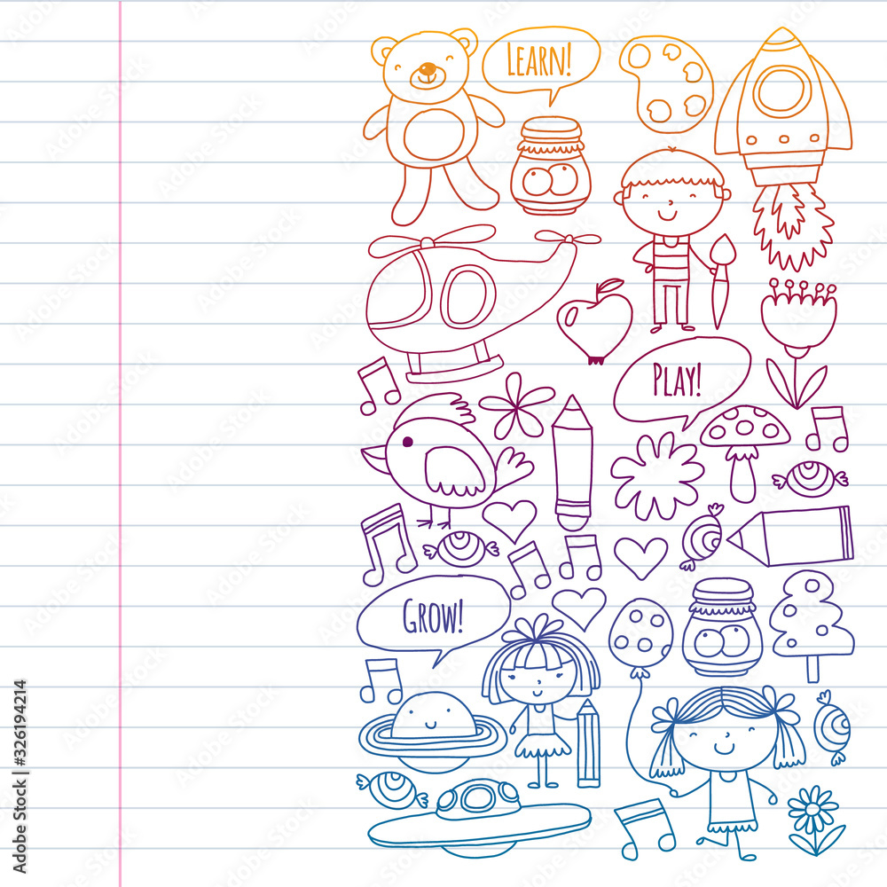 Vector pattern with little children. Kindergarten, play and grow together. Icons of toys and kids in doodle style