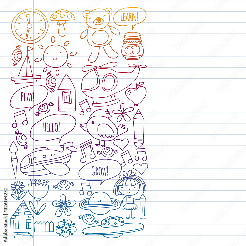 Vector pattern with little children. Kindergarten, play and grow together. Icons of toys and kids in doodle style Vector pattern with little children. Kindergarten, play and grow together. Icons of toys and kids in doodle style