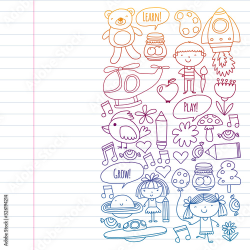 Vector pattern with little children. Kindergarten, play and grow together. Icons of toys and kids in doodle style