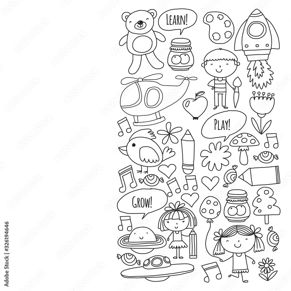 Vector pattern with little children. Kindergarten, play and grow together. Icons of toys and kids in doodle style Vector pattern with little children. Kindergarten, play and grow together. Icons of toys and kids in doodle style