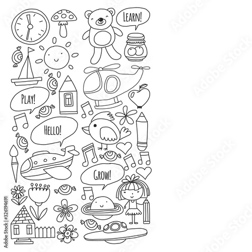 Vector pattern with little children. Kindergarten, play and grow together. Icons of toys and kids in doodle style