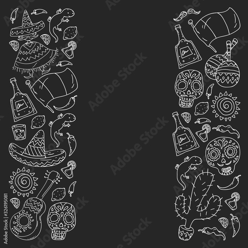 Travel to Mexico. Vector set with ethnic elemets for wallpapers, backgrounds. Day of the Dead. Sugar skull.