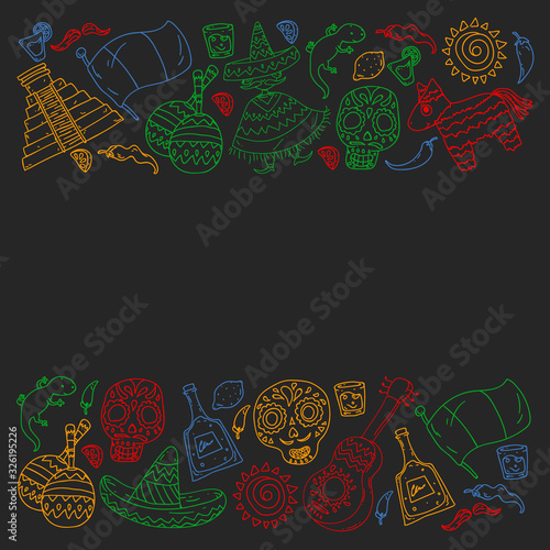Travel to Mexico. Vector set with ethnic elemets for wallpapers, backgrounds. Day of the Dead