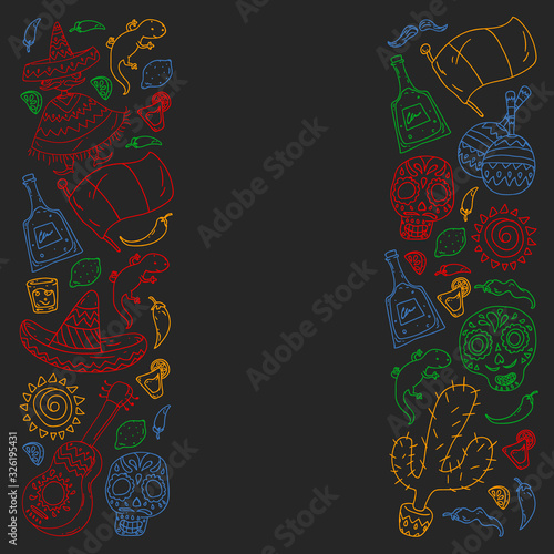 Travel to Mexico. Vector set with ethnic elemets for wallpapers, backgrounds. Day of the Dead