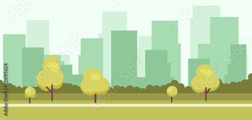 Abstract 2d autumn city background with buildings and trees