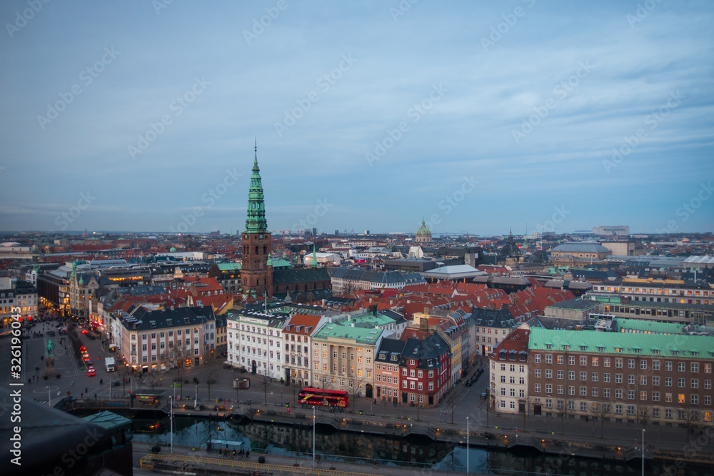 Aerial cityscape of Copenhagen downtown with churches, canals and palace dome
