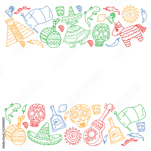 Travel to Mexico. Vector set with ethnic elemets for wallpapers, backgrounds. Day of the Dead. Sugar skull.