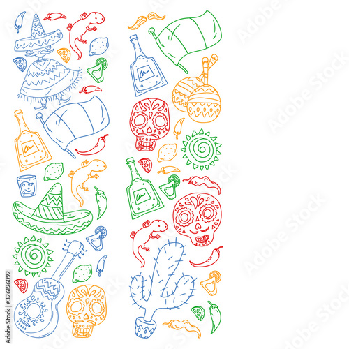 Travel to Mexico. Vector set with ethnic elemets for wallpapers, backgrounds. Day of the Dead. Sugar skull.