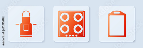 Set Gas stove , Kitchen apron and Cutting board . White square button. Vector