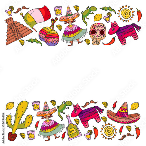 Travel to Mexico. Vector set with ethnic elemets for wallpapers, backgrounds. Day of the Dead. Sugar skull.