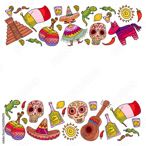 Travel to Mexico. Vector set with ethnic elemets for wallpapers, backgrounds. Day of the Dead. Sugar skull.