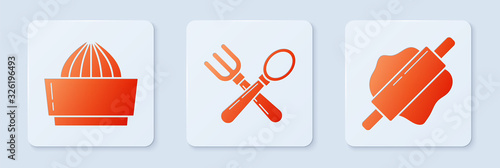 Set Crossed fork and spoon , Citrus fruit juicer and Rolling pin . White square button. Vector