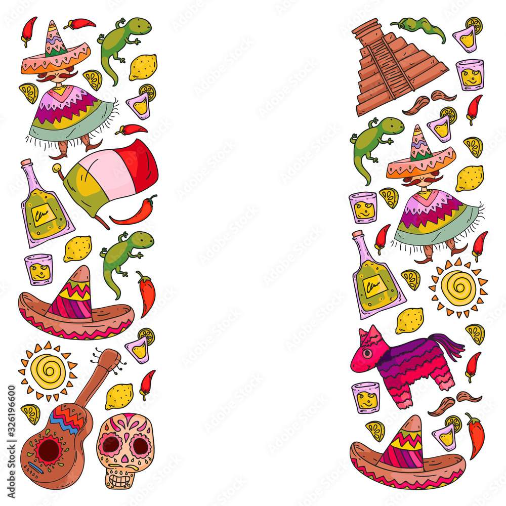 Travel to Mexico. Vector set with ethnic elemets for wallpapers, backgrounds. Day of the Dead. Sugar skull. Travel to Mexico. Vector set with ethnic elemets for wallpapers, backgrounds. Day of the Dead. Sugar skull.