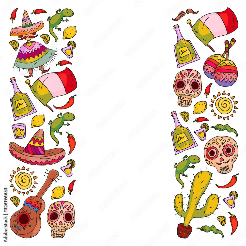 Fototapeta premium Travel to Mexico. Vector set with ethnic elemets for wallpapers, backgrounds. Day of the Dead. Sugar skull.