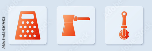 Set Coffee turk , Grater and Pizza knife . White square button. Vector