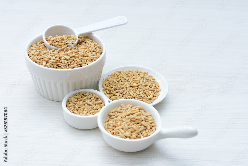Oat grains accompanied by wheat ears in containers for display Oat grains accompanied by wheat ears in containers for display