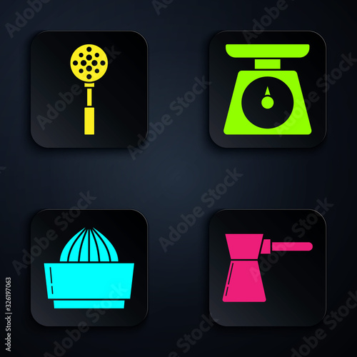 Set Coffee turk , Spatula , Citrus fruit juicer and Scales . Black square button. Vector
