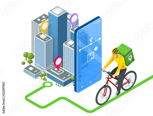 Isometric bicycle courier, Express delivery service. Courier on bicycle with parcel box on the back delivering food In city. Ecological fast delivery. City Food delivery service. Online ordering.