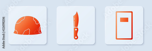 Set Military knife , Military helmet and Police assault shield . White square button. Vector