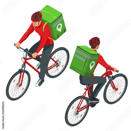 Isometric bicycle courier, Express delivery service. Courier on bicycle with parcel box on the back delivering food In city. Ecological fast delivery. City Food delivery service. Online ordering.