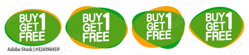 Buy 1 Get 1 Free, Set Sale bubble banners design template, discount tags, app icons, vector illustration