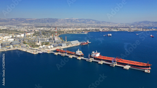 Aerial drone photo of industrial oil and gas refinery plant in Mediterranean destination