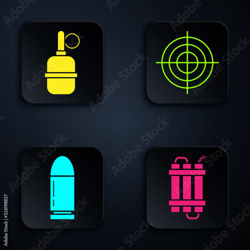 Set Detonate dynamite bomb stick, Hand grenade , Bullet and Target sport for shooting competition. Black square button. Vector