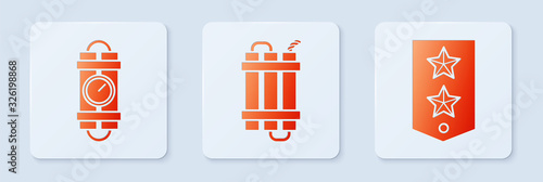 Set Detonate dynamite bomb stick, Detonate dynamite bomb stick and timer clock and Chevron . White square button. Vector