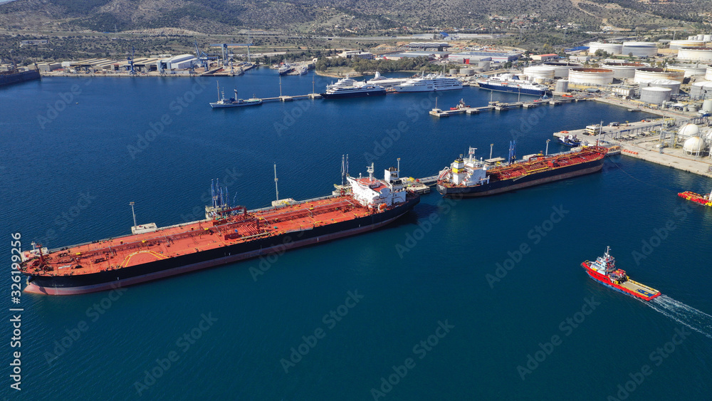 Aerial drone photo of industrial oil and gas refinery plant in Mediterranean destination