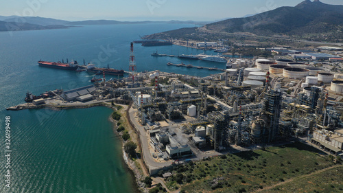 Aerial drone panoramic photo of industrial area of Elefsina and Helenic Refinery and Petroleum plant, Attica, Greece