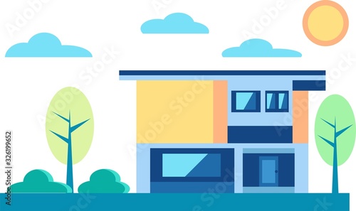 Yellow modern house in the surburbs with trees on a sunny day. Suburbian family home with doors and windows. Vector graphic flat background illustration graphic resources. photo
