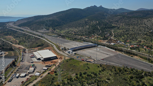 Aerial drone photo of main toll gate of Elefsina in National road of Athens - Corinth, Greece