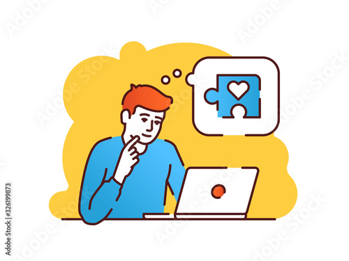 Young redheaded man sitting in front of a laptop and thinking about volunteering flat vector illustration. Online charity. Isolated cartoon character with speech bubble on a yellow background. © Backwoodsdesign