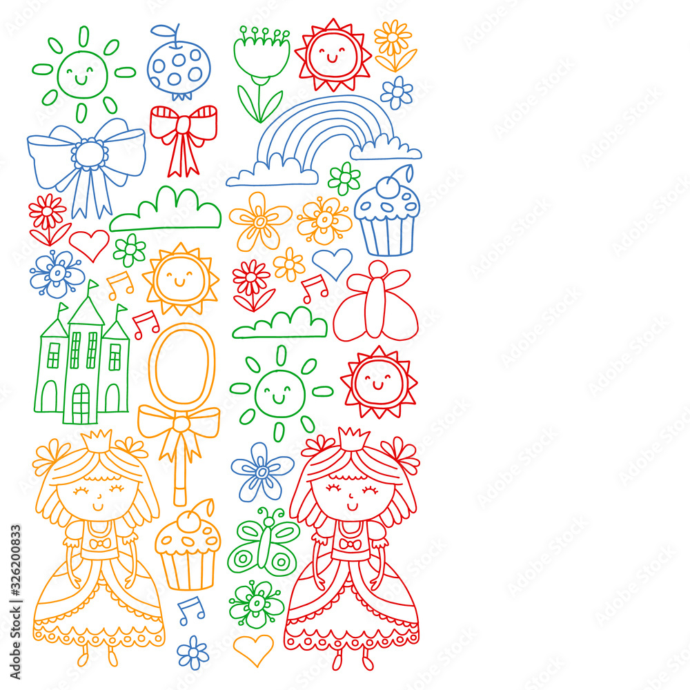 Fototapeta premium Vector pattern for little girls. Princess illustration for happy birthday party.