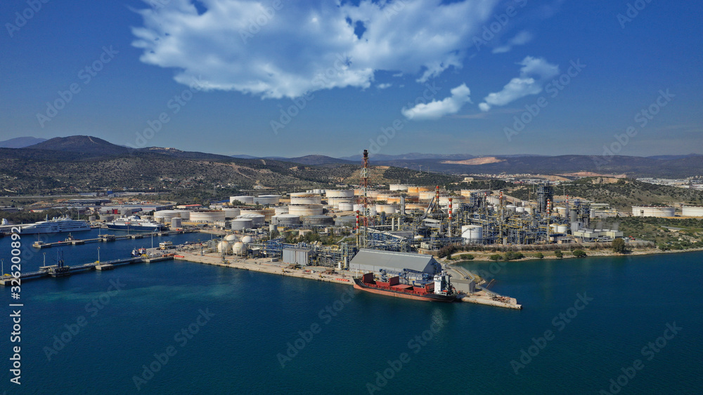 Aerial drone panoramic photo of industrial area of Elefsina and Helenic Refinery and Petroleum plant, Attica, Greece