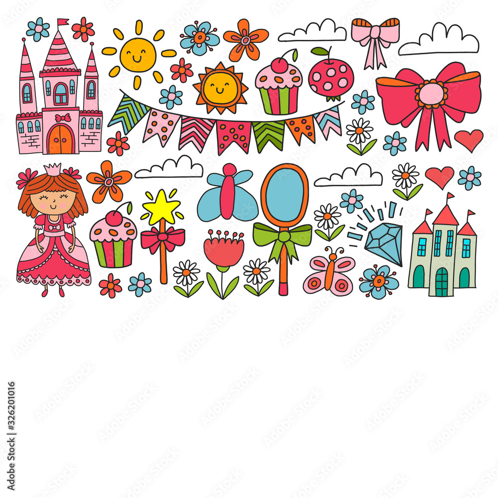 Naklejka premium Vector pattern for little girls. Princess illustration for happy birthday party.